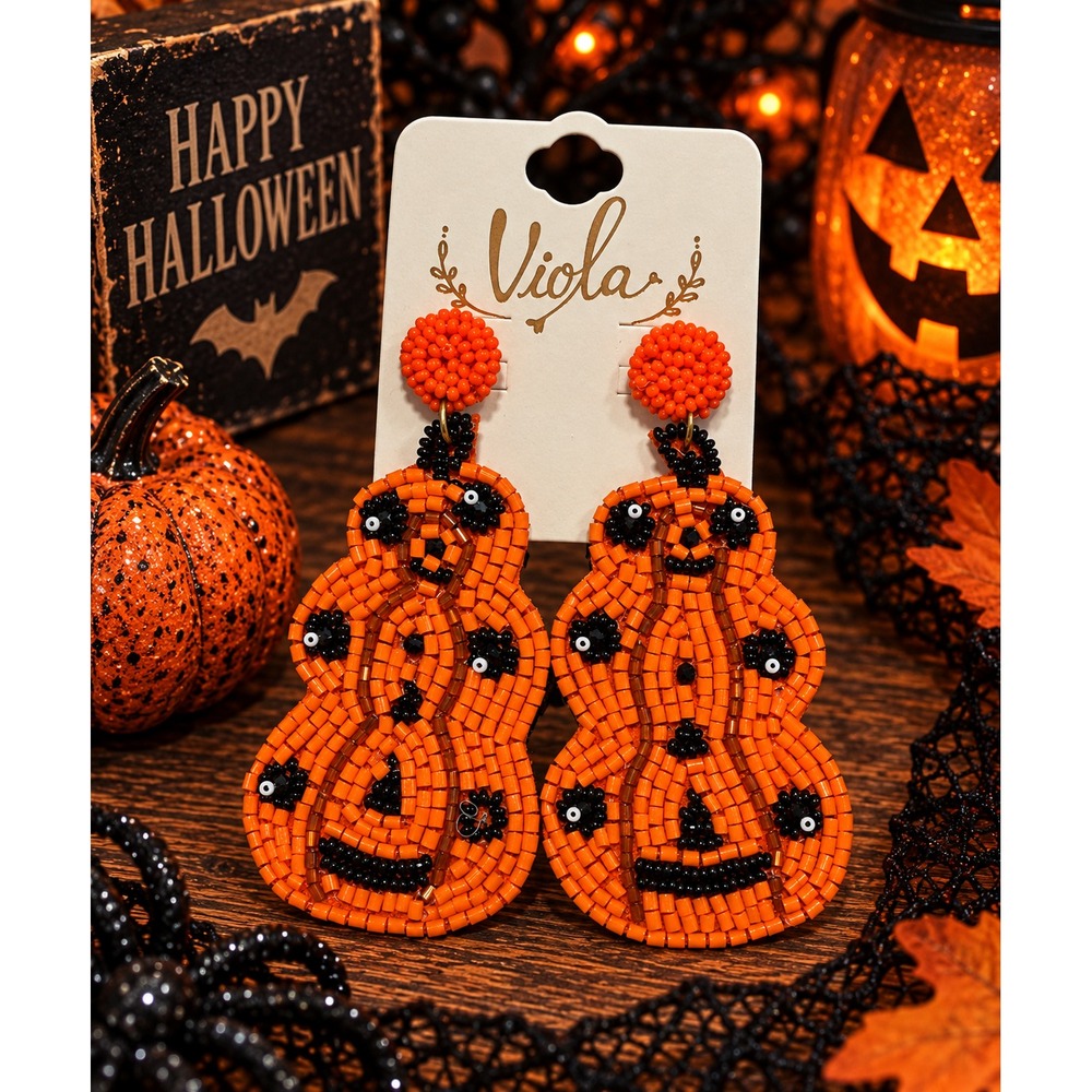 Stacked Pumpkin Seed Bead Earrings Jack O Lantern Halloween Dangle